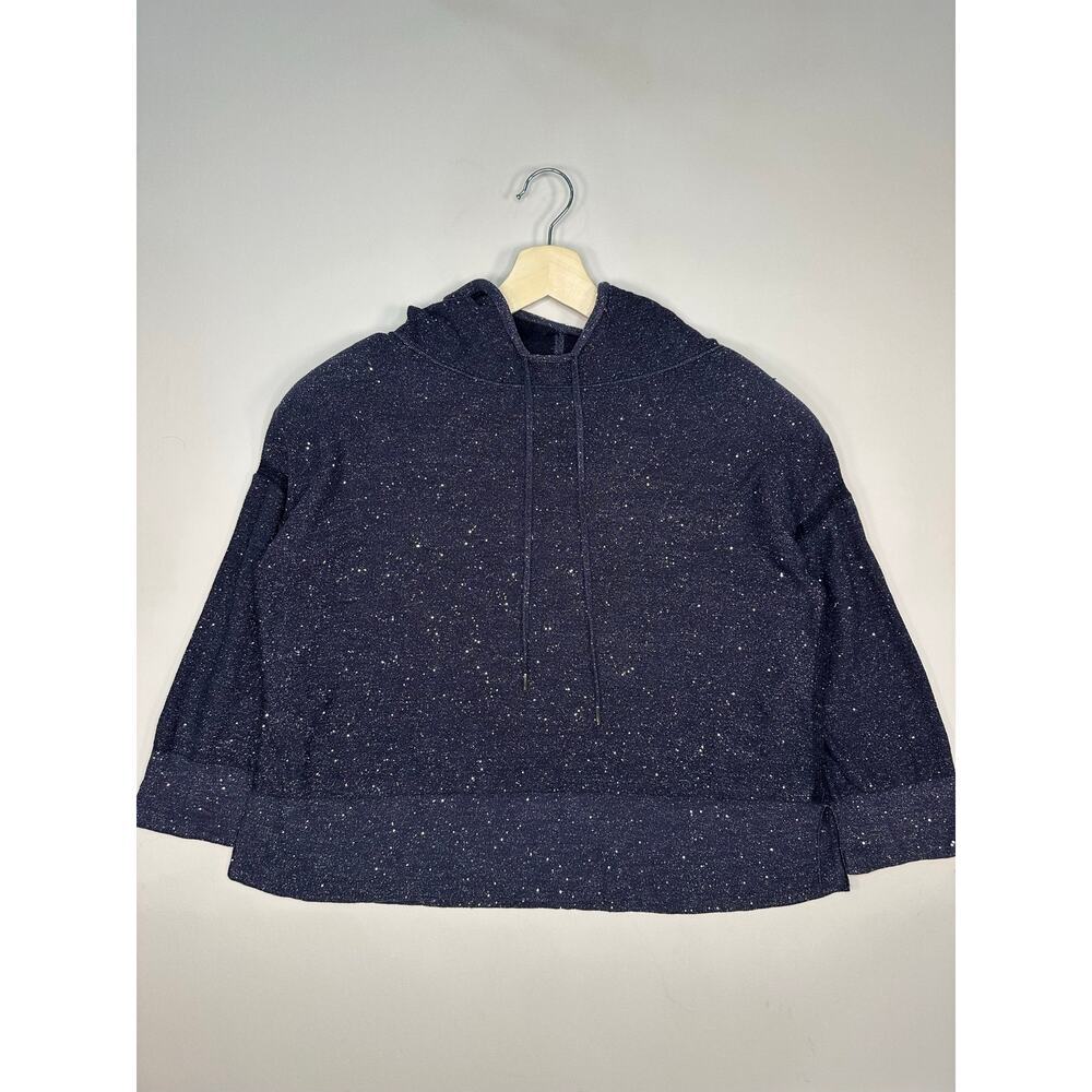 Lafayette 148 Navy Blue Hooded Knit Sweater with Silver Shimmer Threads Size L